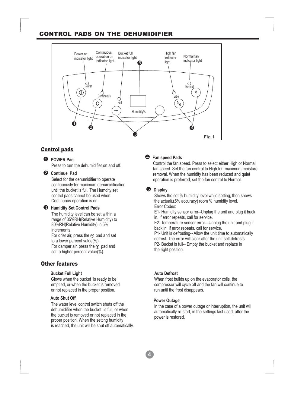 4control pads on the dehumidifier, Control pads, Other features | Perfect Aire PA65 User Manual | Page 5 / 11