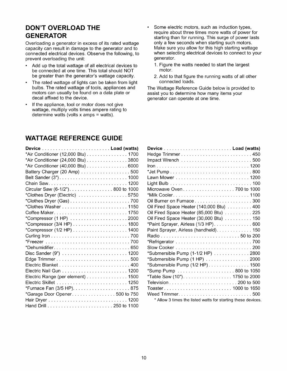 Don’t overload the generator, Wattage reference guide | Craftsman 580.327141 User Manual | Page 10 / 48