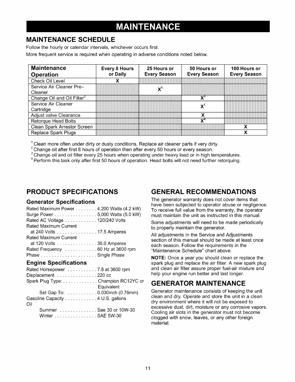 Maintenance, Maintenance schedule, Product specifications | Generator specifications, Engine specifications, General recommendations, Generator maintenance, Maintenance -14 | Craftsman 580.327141 User Manual | Page 11 / 48