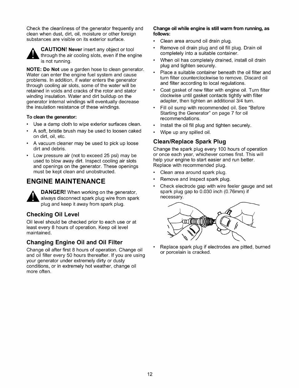 Engine maintenance, Checking oil level, Changing engine oil and oil filter | Clean/replace spark plug | Craftsman 580.327141 User Manual | Page 12 / 48
