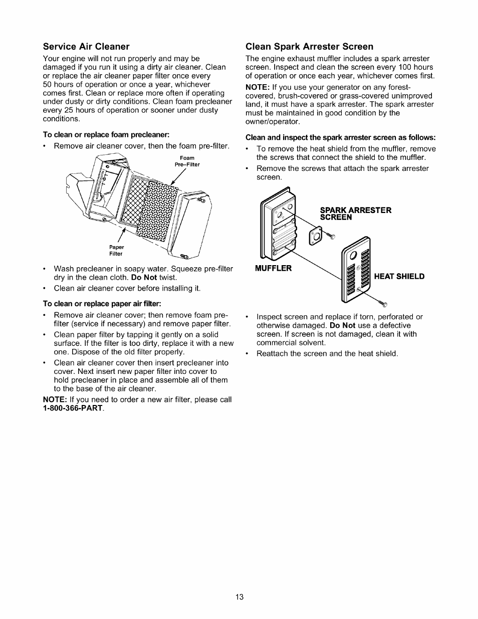 Service air cleaner, Clean spark arrester screen | Craftsman 580.327141 User Manual | Page 13 / 48