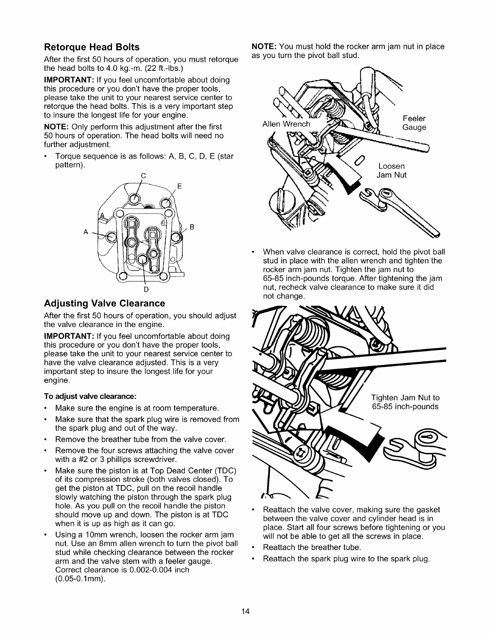 Retorque head bolts, Adjusting valve clearance | Craftsman 580.327141 User Manual | Page 14 / 48