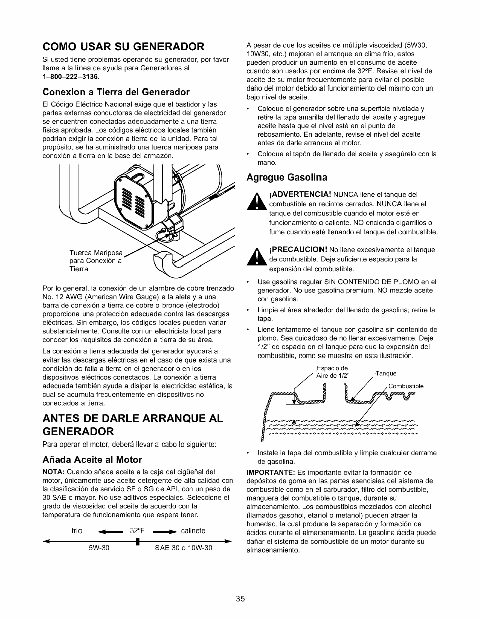 Como usar su generador, Conexión a tierra del generador, Antes de darle arranque al generador | Añada aceite al motor | Craftsman 580.327141 User Manual | Page 35 / 48