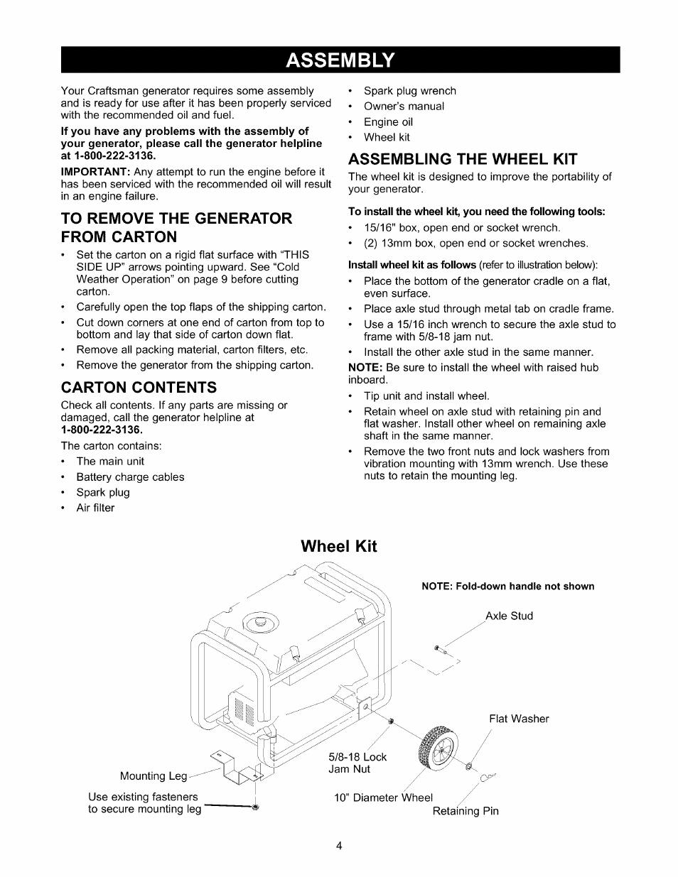 Assembly, To remove the generator from carton, Carton contents | Assembling the wheel kit, Wheel kit | Craftsman 580.327141 User Manual | Page 4 / 48