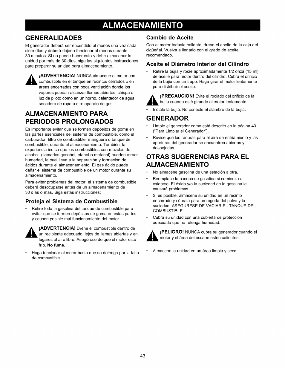Almacenamiento, Generalidades, Almacenamiento para periodos prolongados | Proteja el sistema de combustible, Cambio de aceite, Aceite el diámetro interior del cilindro, Generador, Otras sugerencias para el almacenamiento | Craftsman 580.327141 User Manual | Page 43 / 48