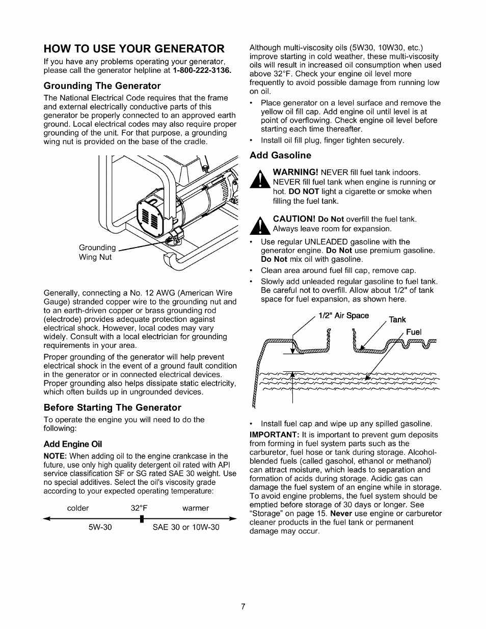 How to use your generator, Grounding the generator, Before starting the generator | Add gasoline | Craftsman 580.327141 User Manual | Page 7 / 48