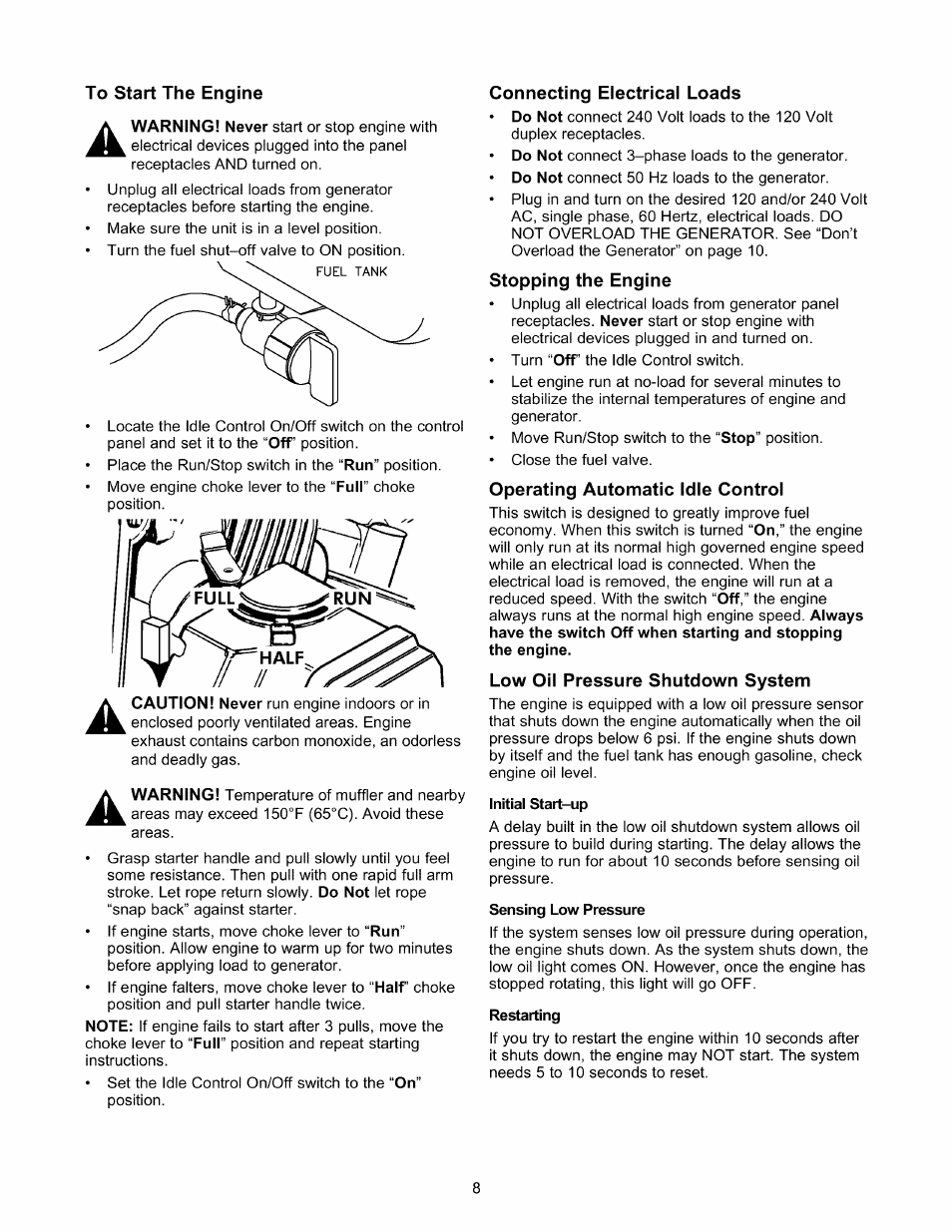 To start the engine, Connecting electrical loads, Stopping the engine | Operating automatic idle control, Low oil pressure shutdown system | Craftsman 580.327141 User Manual | Page 8 / 48