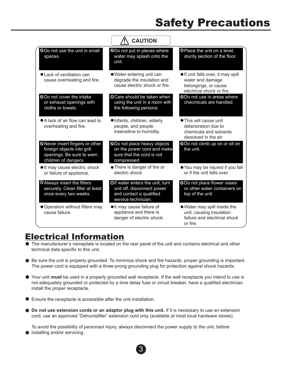 Safety precautions, Electrical information | Perfect Aire PAD70 User Manual | Page 4 / 13