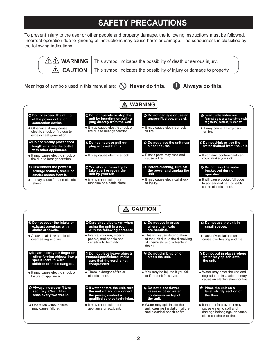 Safety precautions, Caution, Warning | Always do this. never do this | Perfect Aire PMP50 User Manual | Page 3 / 14