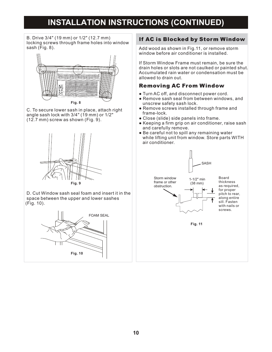 Installation instructions (continued), If ac is blocked by storm window, Removing ac from window | Perfect Aire PAC5000 User Manual | Page 11 / 14