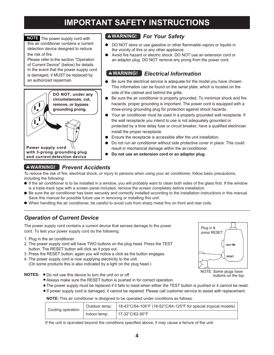 Important safety instructions, Operation of current device, For your safety electrical information | Prevent accidents | Perfect Aire PAC5000 User Manual | Page 5 / 14