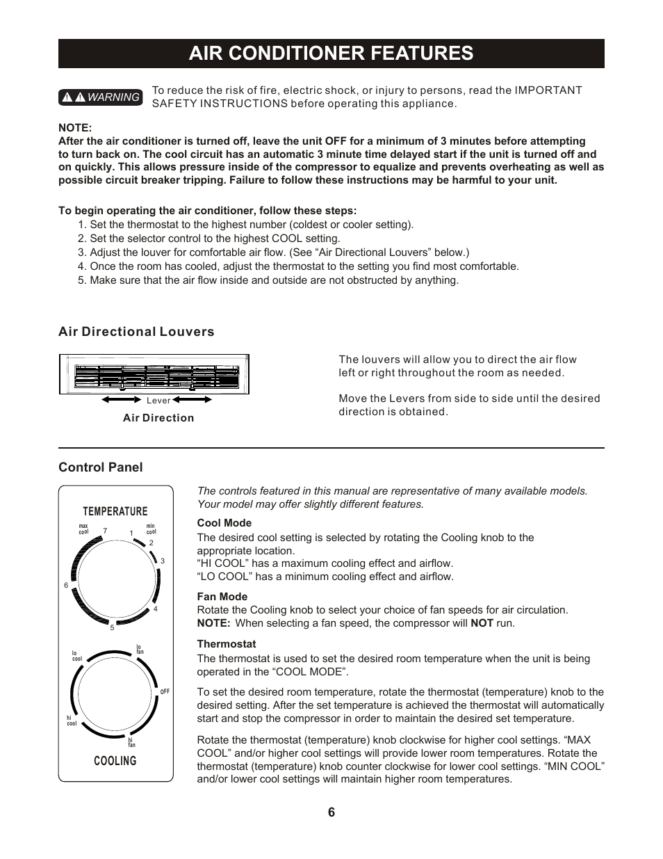 Air conditioner features, Cooling, Air directional louvers control panel | Perfect Aire PAC5000 User Manual | Page 7 / 14