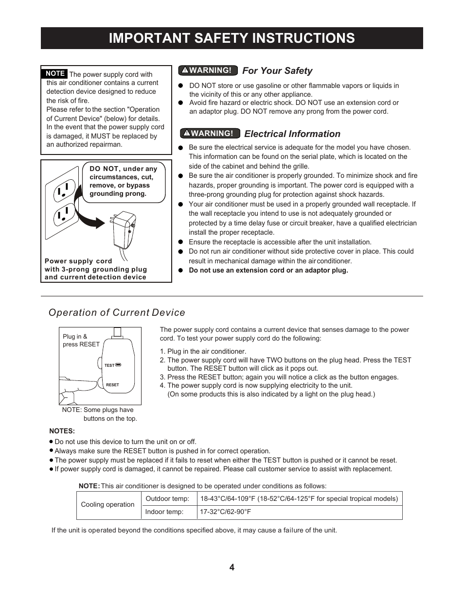 Important safety instructions, Operation of current device, For your safety electrical information | Perfect Aire PES5000 User Manual | Page 5 / 16