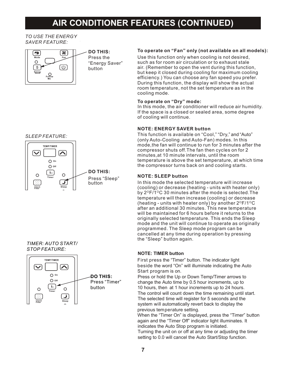 Air conditioner features (continued) | Perfect Aire PES5000 User Manual | Page 8 / 16
