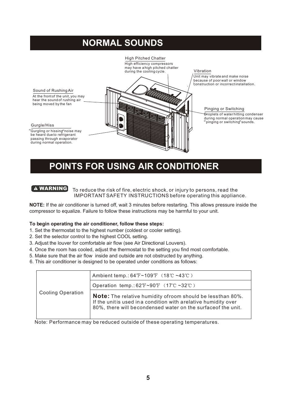 Т³гж 5, Normal sounds, Points for using air conditioner | Perfect Aire PAC5200 User Manual | Page 6 / 14