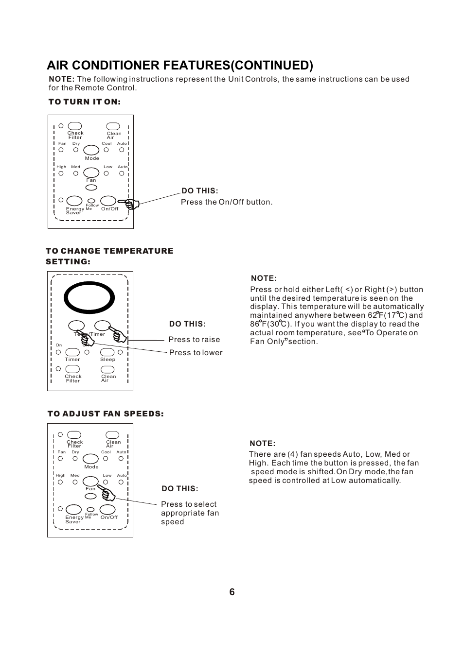 Т³гж 7, Air conditioner features(continued), Press to raise do this: press to lower | Press to select appropriate fan speed do this | Perfect Aire PAC6000 User Manual | Page 7 / 18