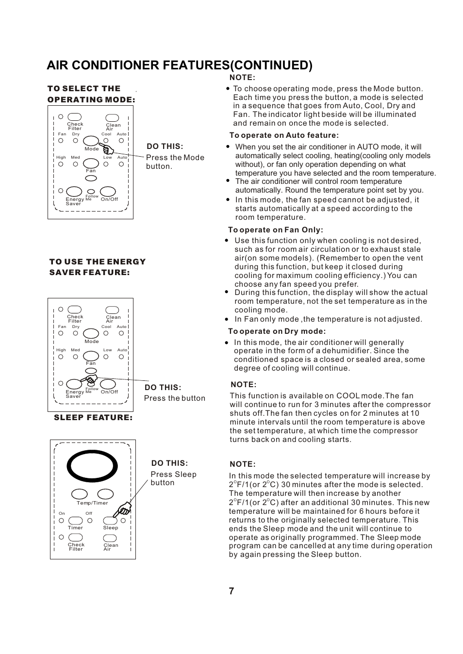 Т³гж 8, Air conditioner features(continued), Press the button do this | Press sleep button do this | Perfect Aire PAC6000 User Manual | Page 8 / 18