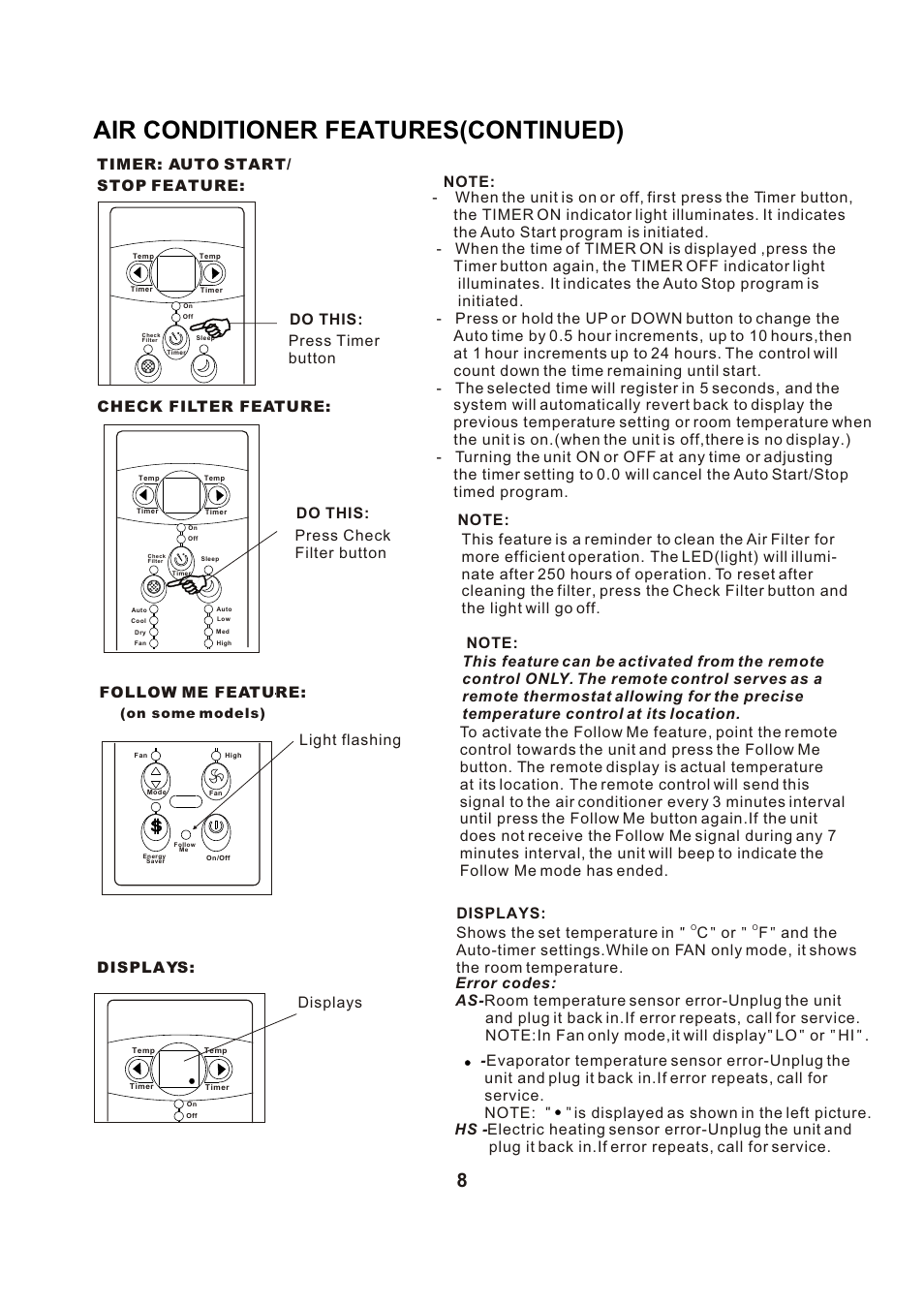 Т³гж 9, Air conditioner features(continued), Follow me feature | Light flashing, Displays: displays | Perfect Aire PAC6000 User Manual | Page 9 / 18