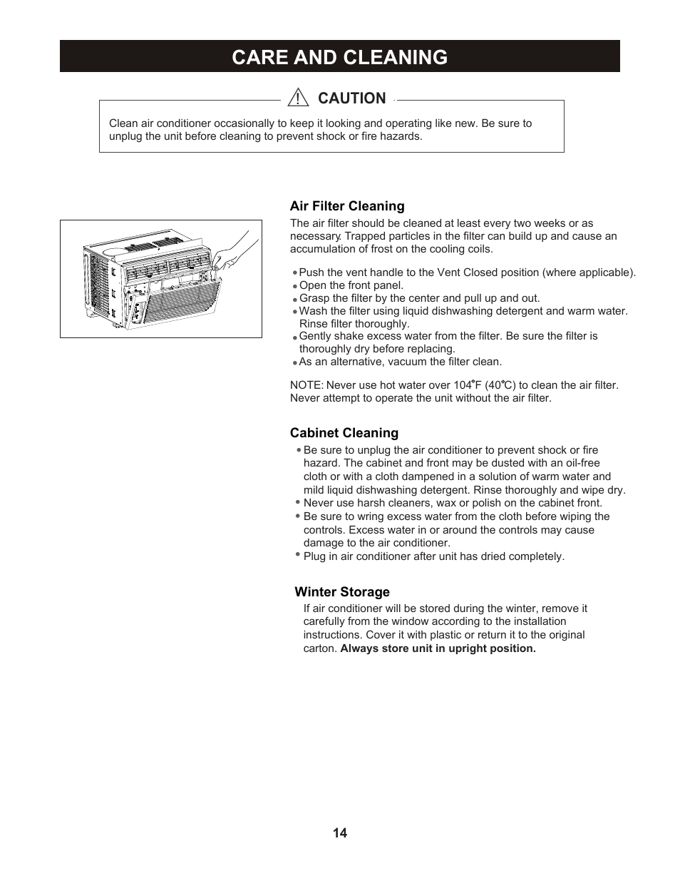 Care and cleaning, Caution | Perfect Aire 2PAC12002 User Manual | Page 15 / 17