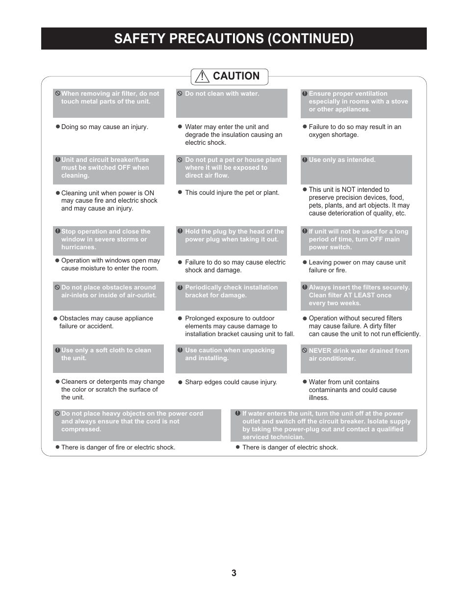 Safety precautions (continued), Caution | Perfect Aire 2PAC12002 User Manual | Page 4 / 17