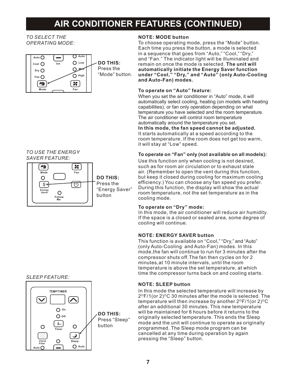 Air conditioner features (continued) | Perfect Aire 2PAC12002 User Manual | Page 8 / 17