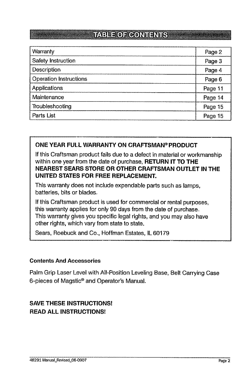 One year full warranty on craftsman* product, Save these instructions! read all instructions | Craftsman 320.48291 User Manual | Page 2 / 16