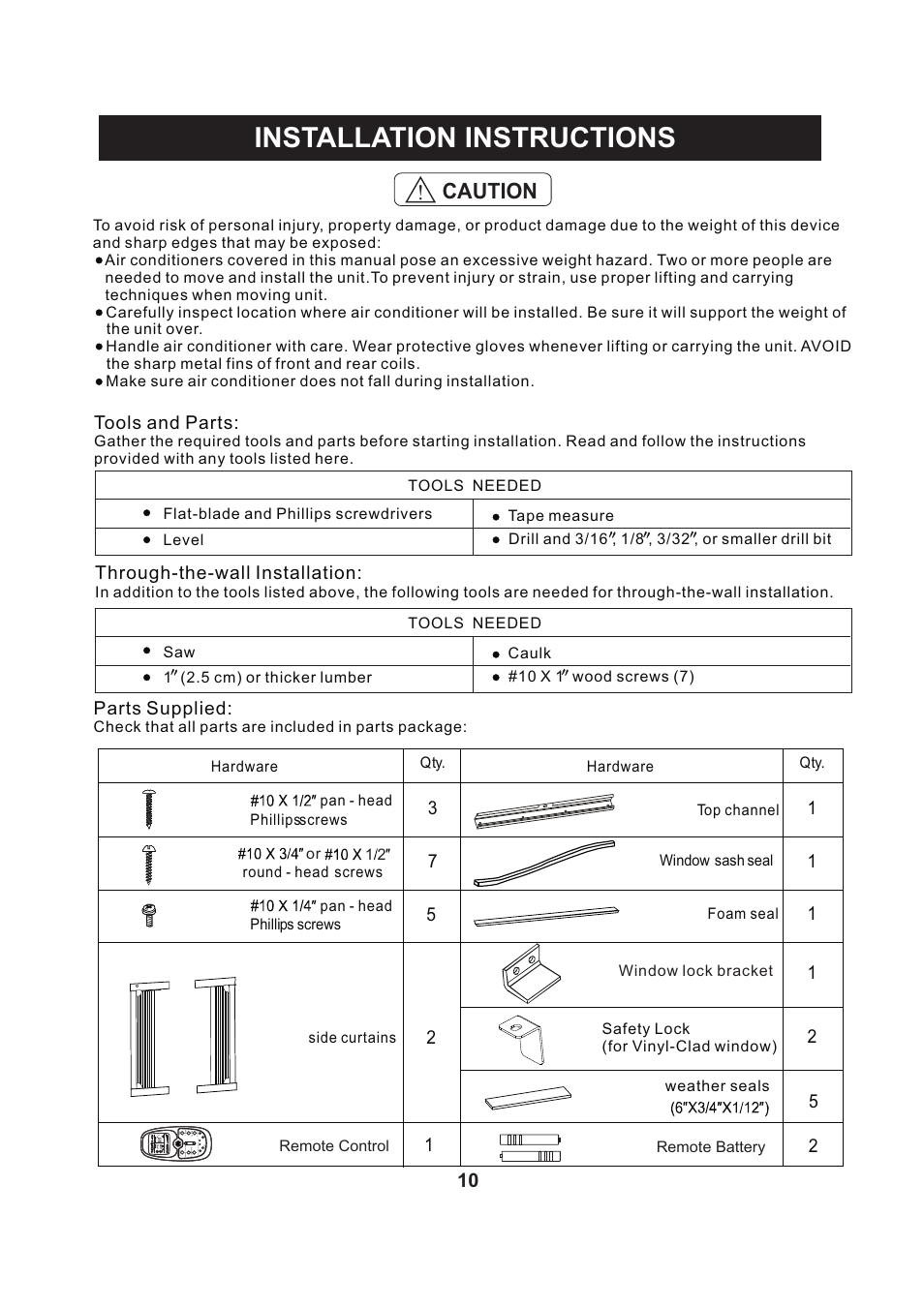 页 11, Installation instructions, Caution | Tools and parts, Through-the-wall installation, Parts supplied | Perfect Aire PACSO12000 User Manual | Page 11 / 20
