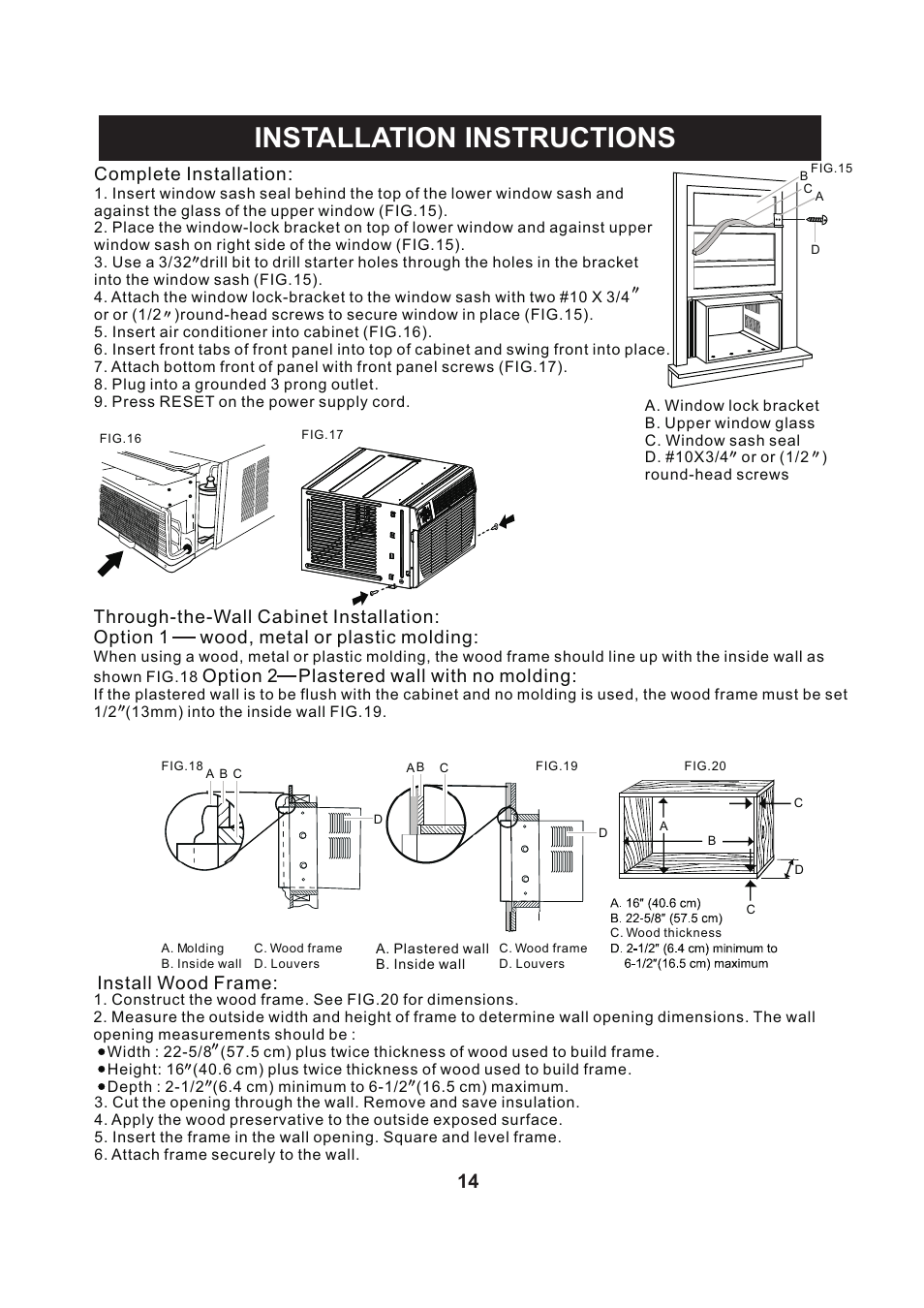 页 15, Installation instructions, Complete installation | Option 2 plastered wall with no molding, Install wood frame | Perfect Aire PACSO12000 User Manual | Page 15 / 20