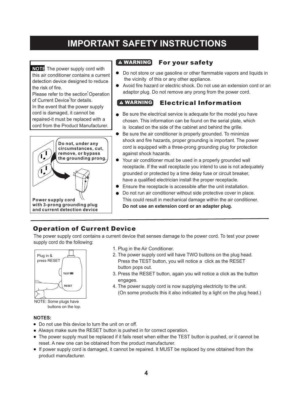 Important safety instructions, For your safety, Electrical infor mation | Operation of cur rent device | Perfect Aire PACSO12000 User Manual | Page 5 / 20