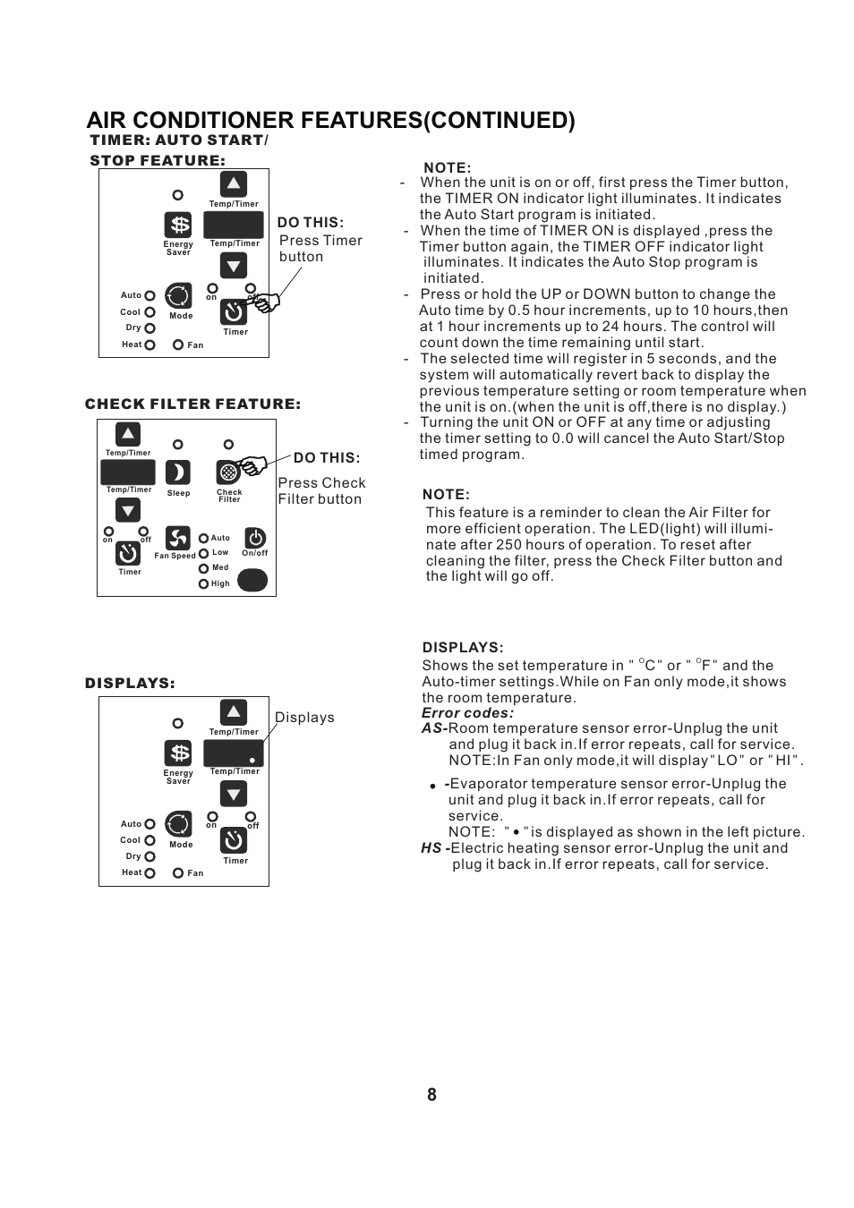 Air conditioner features(continued), Displays: displays | Perfect Aire PACSO12000 User Manual | Page 9 / 20