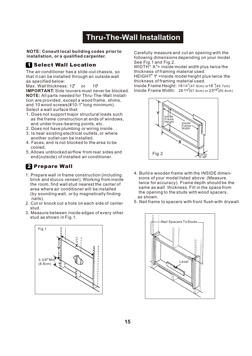 Т³гж 16, Thru-the-wall installation, 1select wall location | 2prepare wall | Perfect Aire PAC15000 User Manual | Page 16 / 22