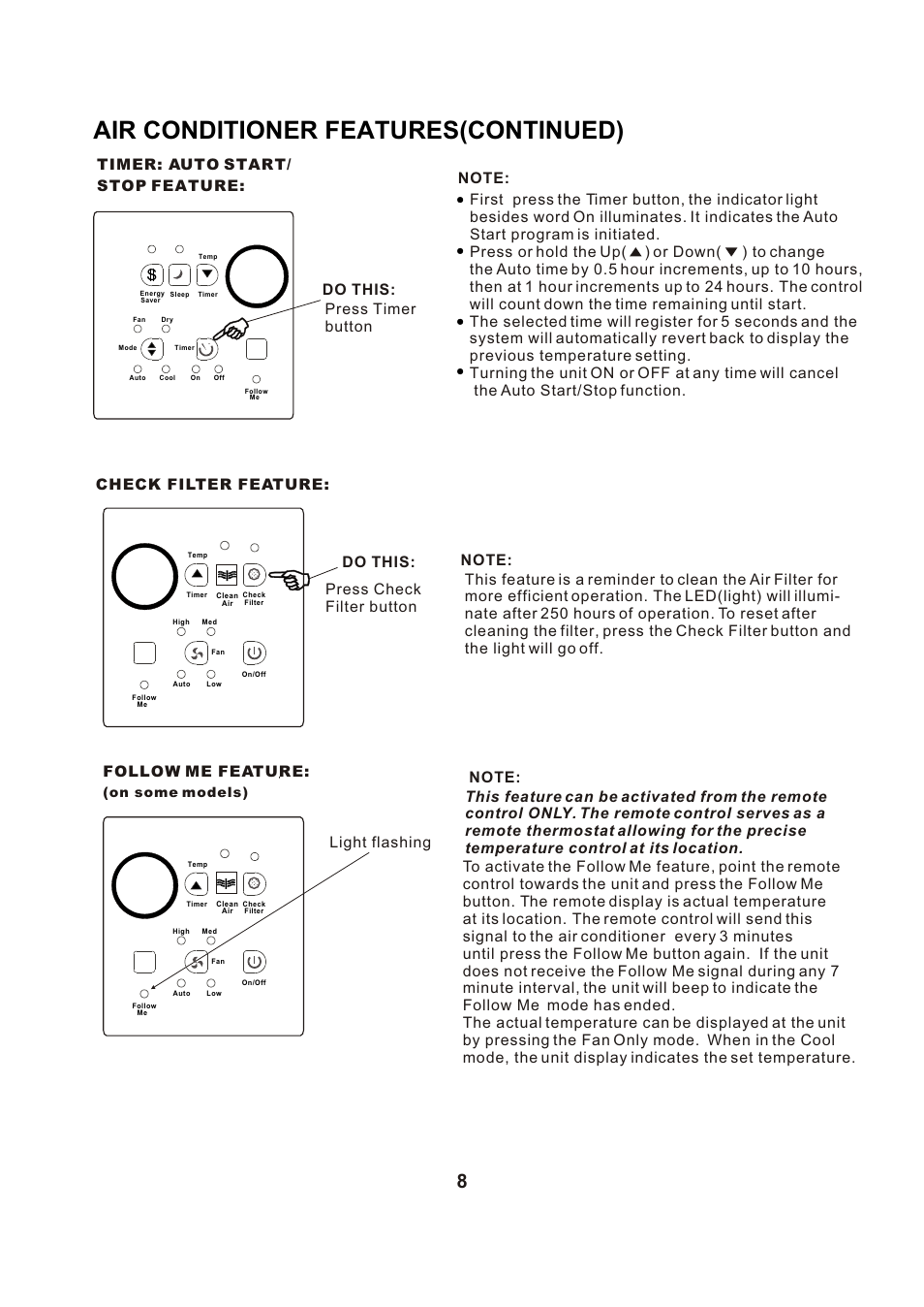 Т³гж 9, Air conditioner features(continued), Follow me feature | On some models) | Perfect Aire PAC15000 User Manual | Page 9 / 22