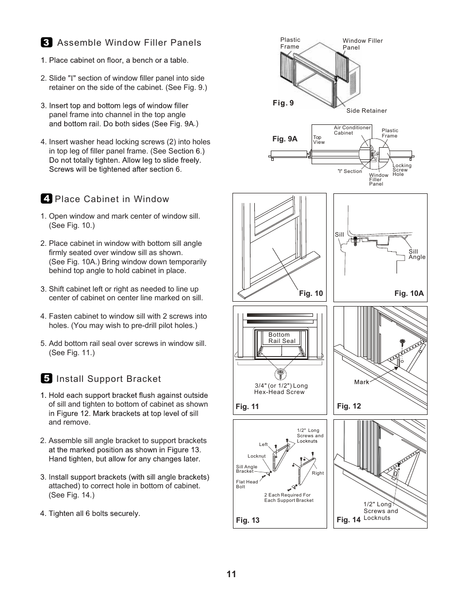 Assemble window filler panels, Place cabinet in window, Install support bracket | Perfect Aire 2PAC25000 User Manual | Page 12 / 18
