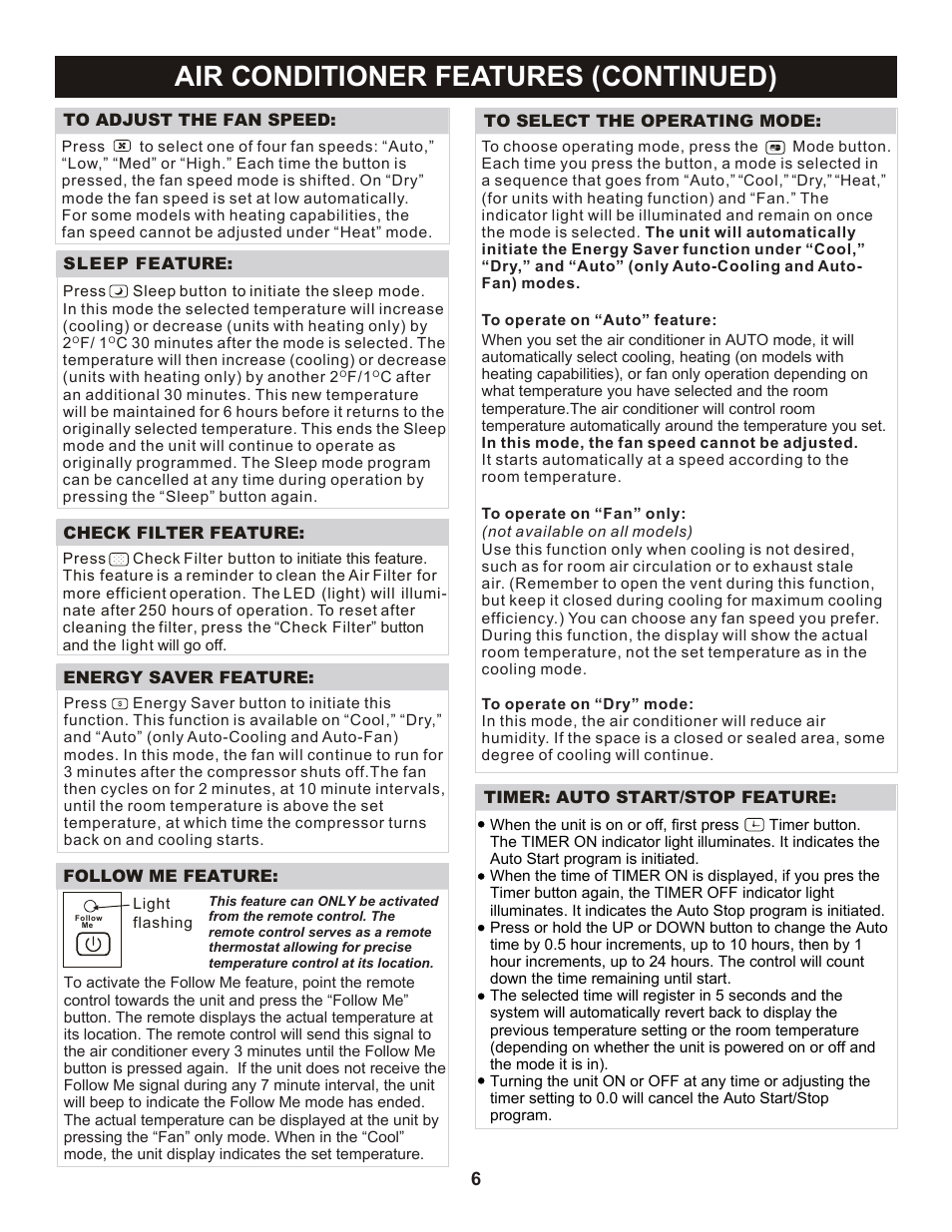 Air conditioner features (continued) | Perfect Aire 2PAC25000 User Manual | Page 7 / 18