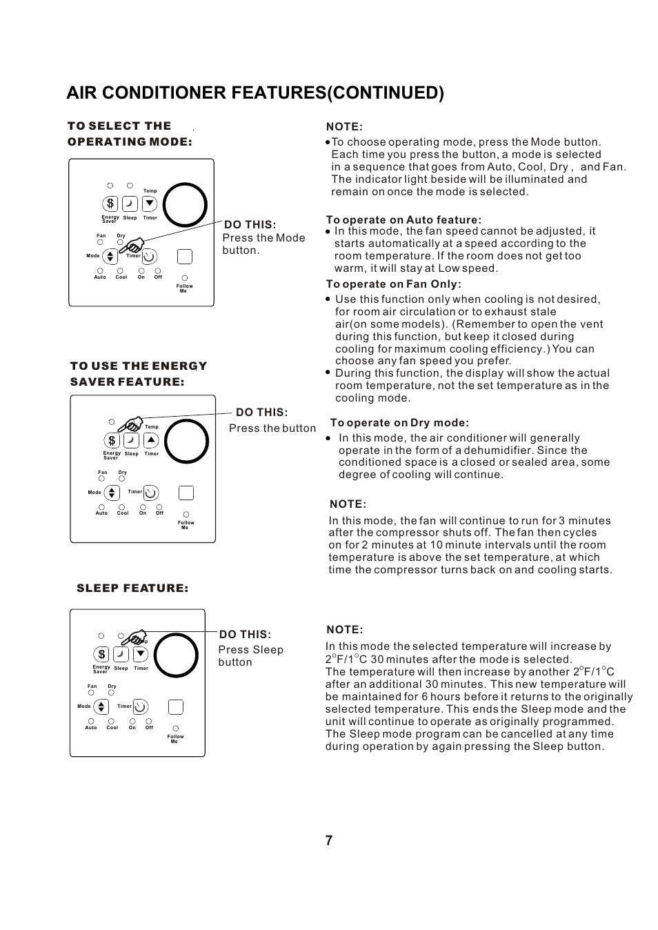 Т³гж 8, Air conditioner features(continued), 2 f/1 c 30 minutes after the mode is selected | Perfect Aire PAC18000 User Manual | Page 8 / 22