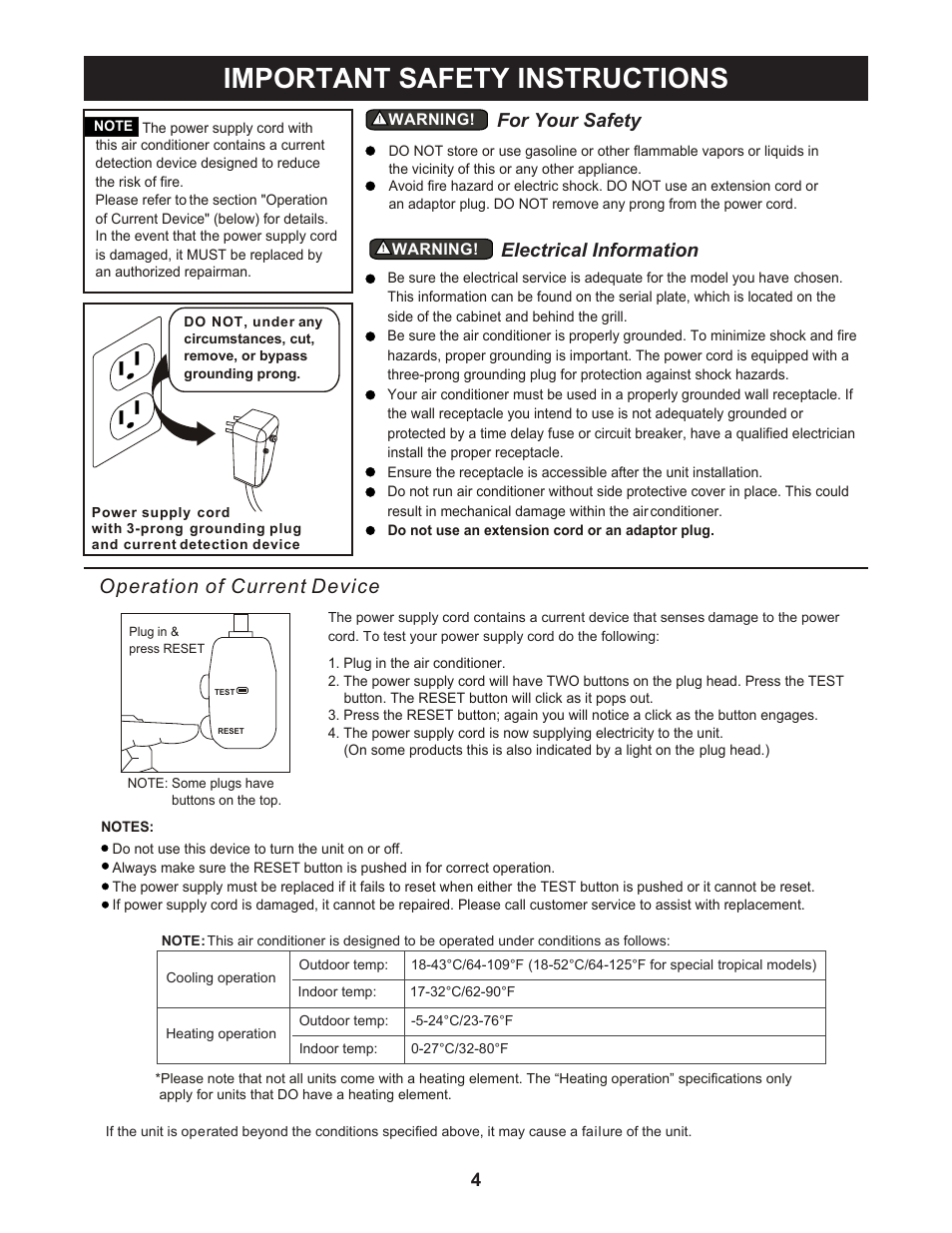 Important safety instructions, Operation of current device, For your safety electrical information | Perfect Aire PNC18000 User Manual | Page 5 / 18