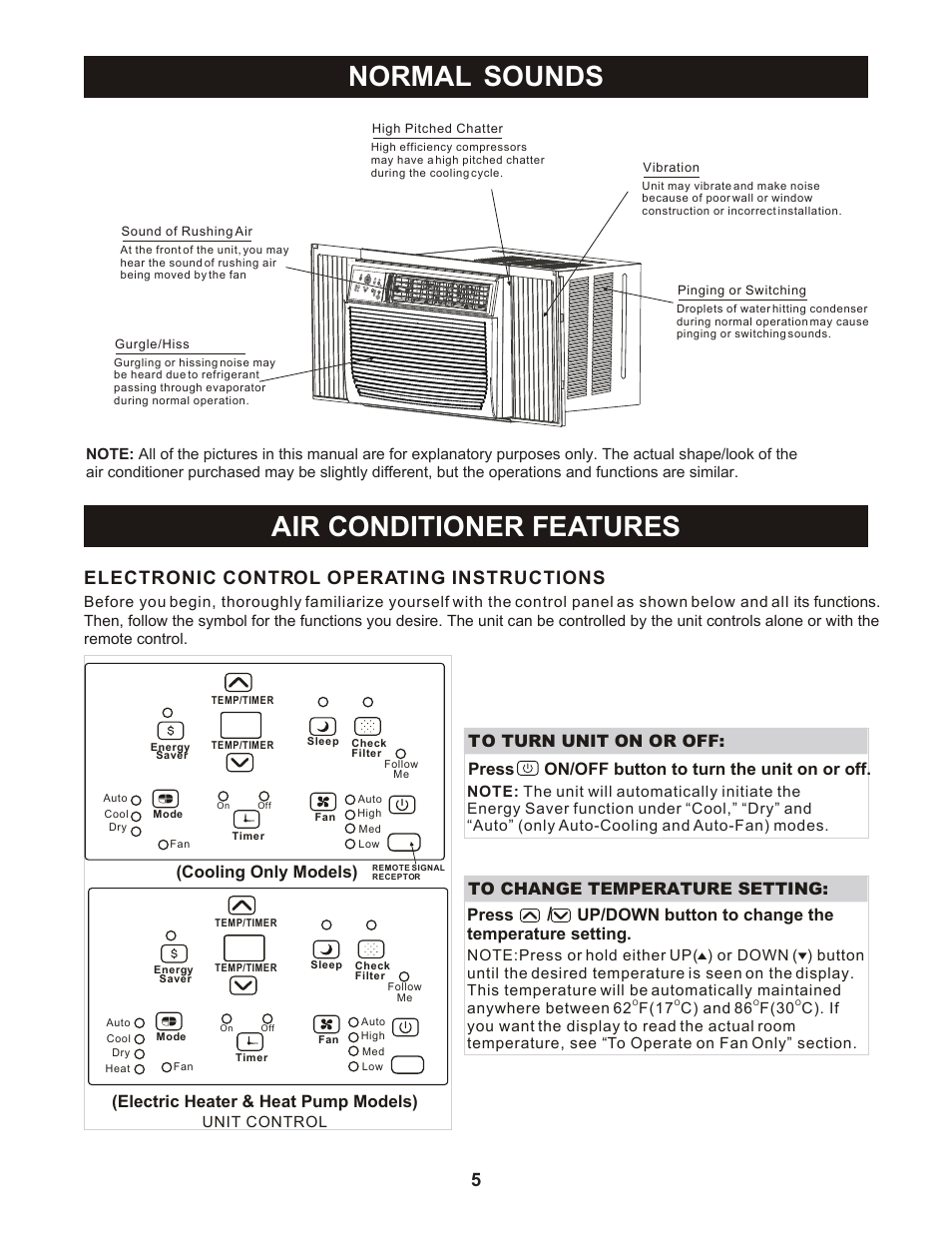 Normal sounds, Air conditioner features, Electronic control operating instructions | Perfect Aire PNC18000 User Manual | Page 6 / 18