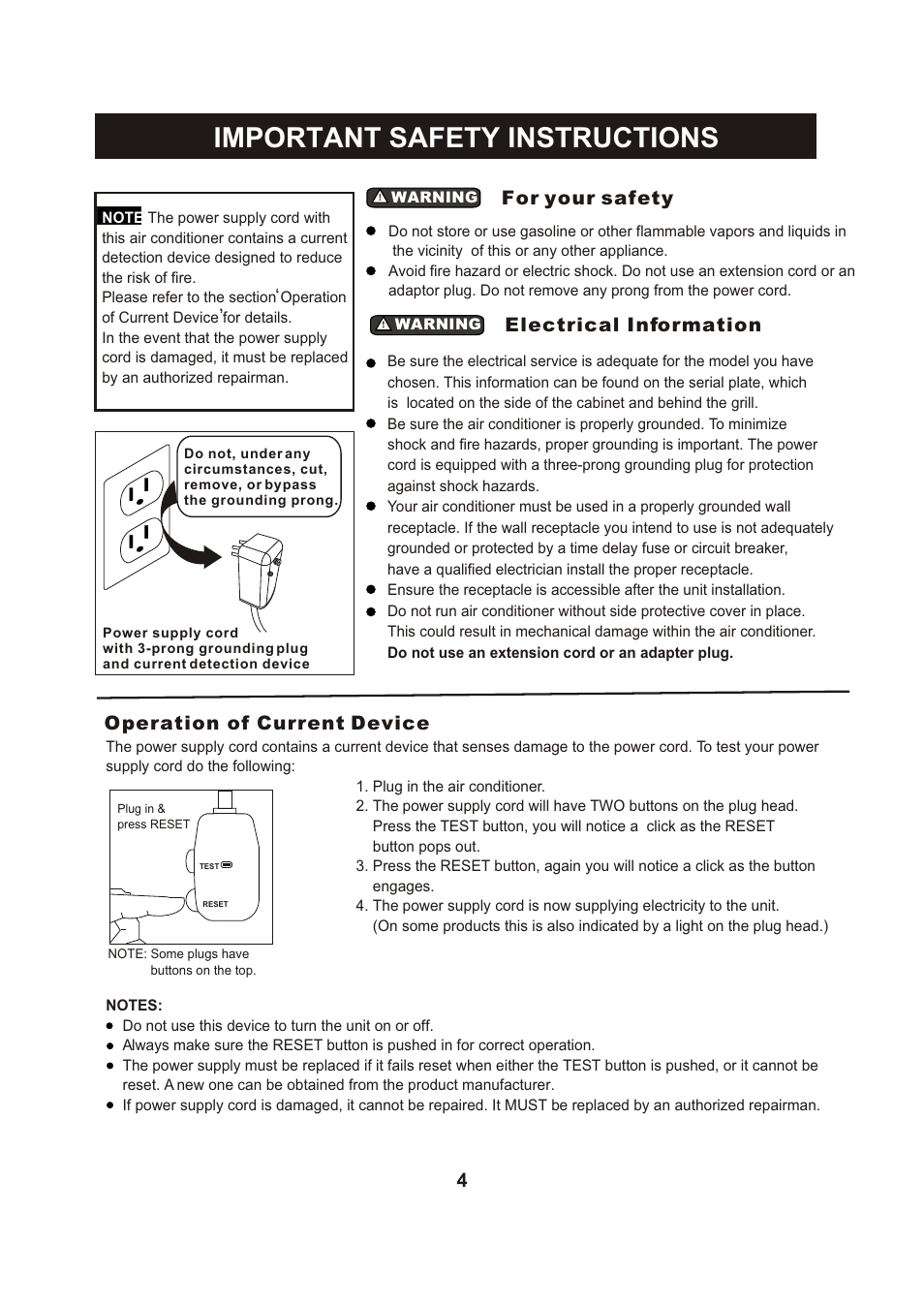 Т³гж 5, Important safety instructions, For your safety | Electrical information, Operation of current device | Perfect Aire PAC25000 User Manual | Page 5 / 22