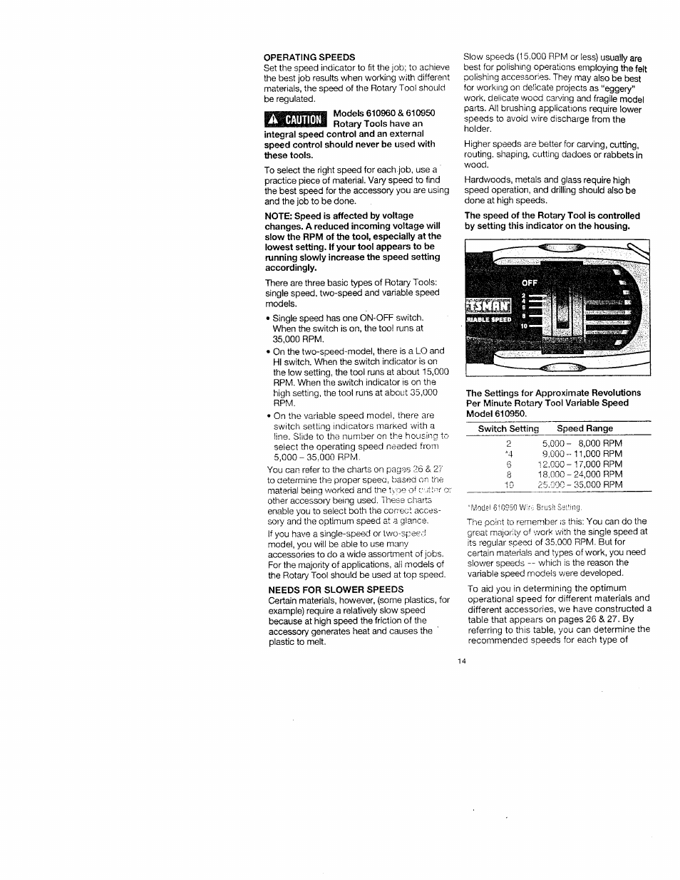 Operating speeds, Needs for slower speeds | Craftsman 572.61095 User Manual | Page 14 / 59