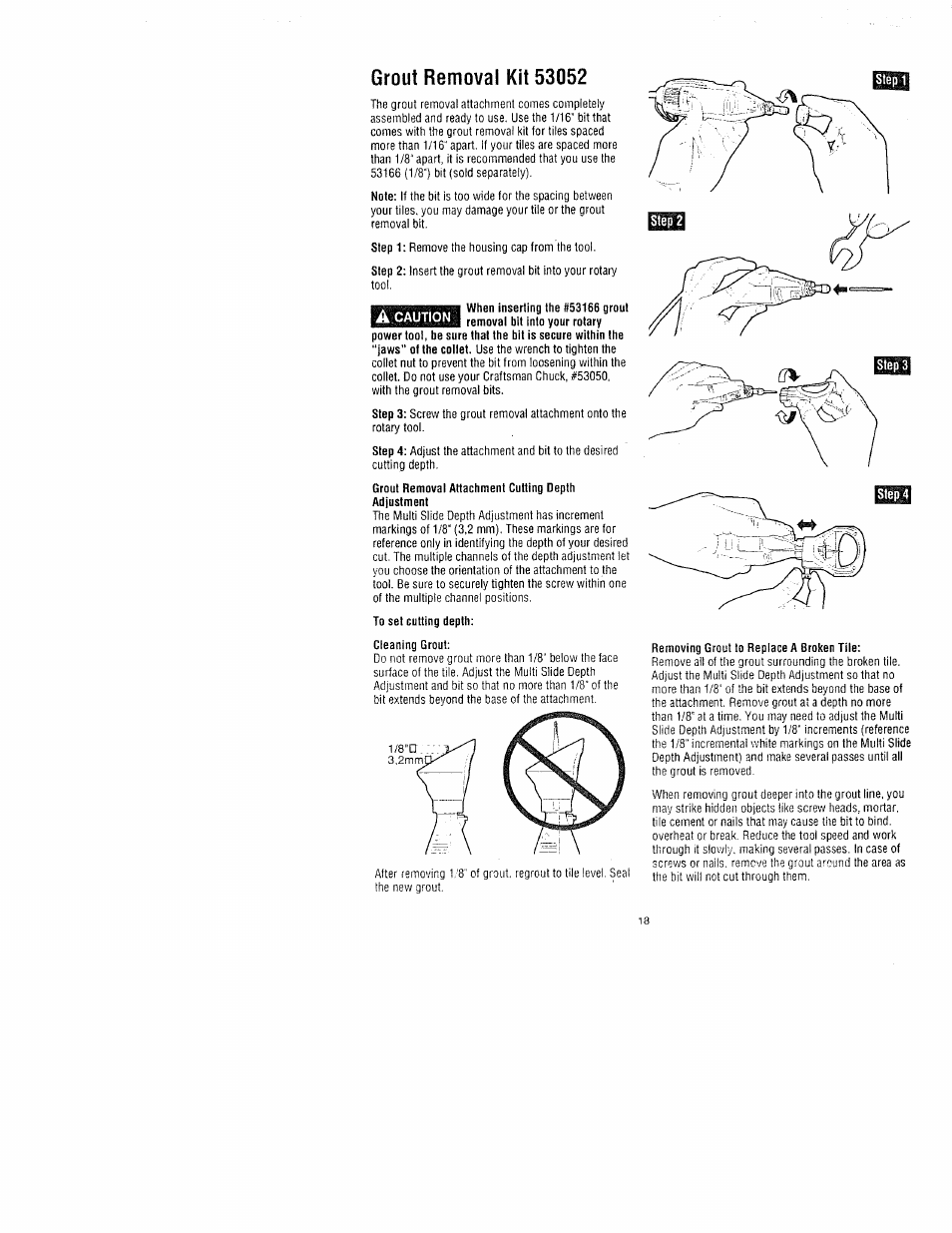 Cleaning grout, Removing grout to replace a broken tile | Craftsman 572.61095 User Manual | Page 18 / 59