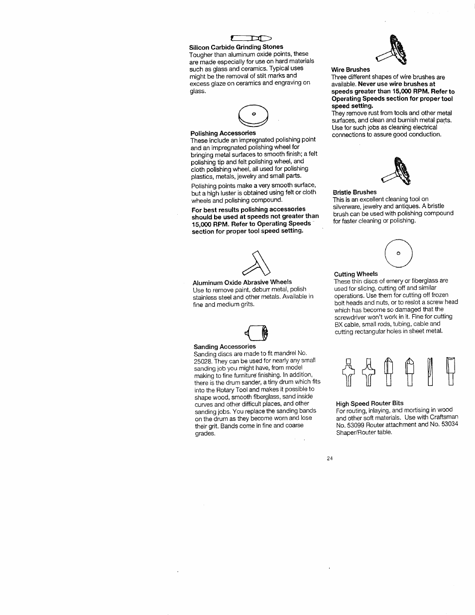 Polishing accessories, Aluminum oxide abrasive wheels, Sanding accessories | Wire brushes, Bristle brushes, Cutting wheels, High speed router bits | Craftsman 572.61095 User Manual | Page 24 / 59