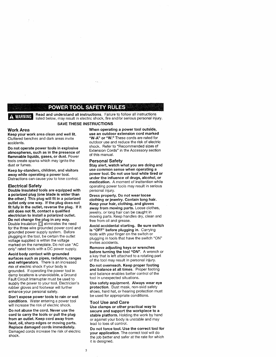 Power tool safety rules, Save these instructions | Craftsman 572.61095 User Manual | Page 3 / 59