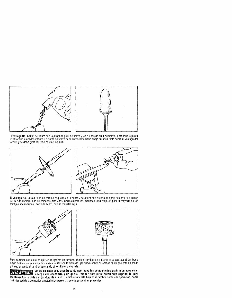 Accesorios para pulir, Ruedas abrasivas de óxido de atuminio, Accesorios para lijar | Cepillos de alambre, Cepillos de cerda, Ruedas de corte, Brocas de fresadora de afta velocidad | Craftsman 572.61095 User Manual | Page 55 / 59