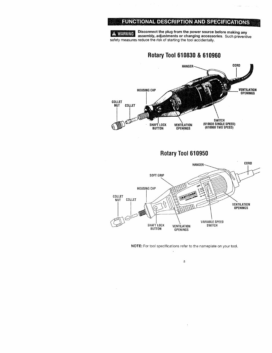 Functional description and specifications, Functional description and specifications -9 | Craftsman 572.61095 User Manual | Page 8 / 59