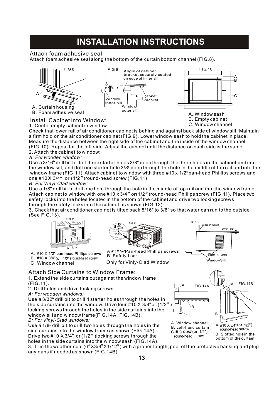 Т³гж 14, Installation instructions, Attach foam adhesive seal | Install cabinet into window, Attach side curtains to window frame | Perfect Aire PACH8000 User Manual | Page 14 / 20