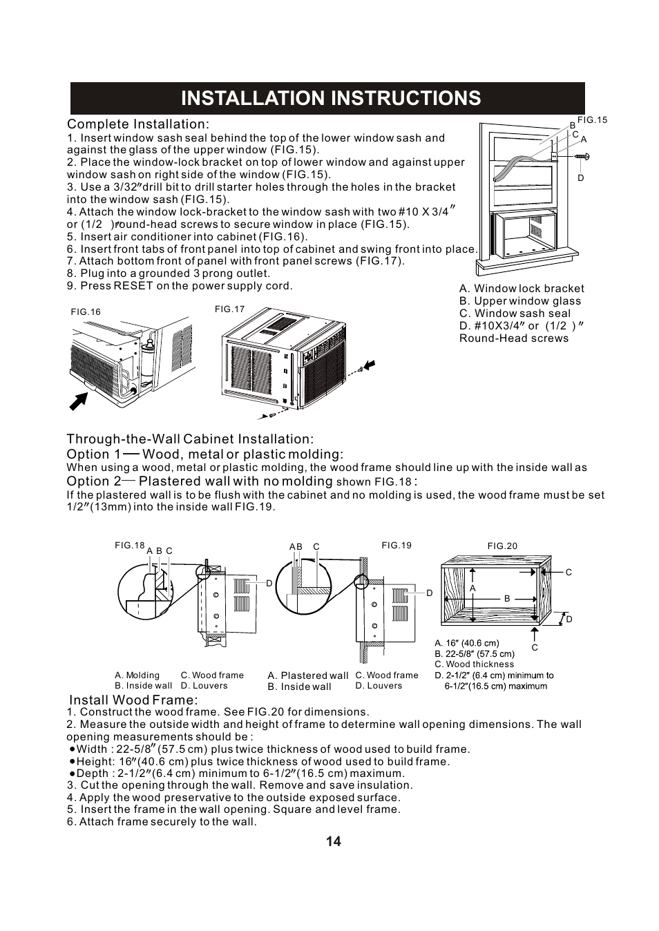 Т³гж 15, Installation instructions, Complete installation | Option 2 plastered wall with no molding, Install wood frame | Perfect Aire PACH8000 User Manual | Page 15 / 20