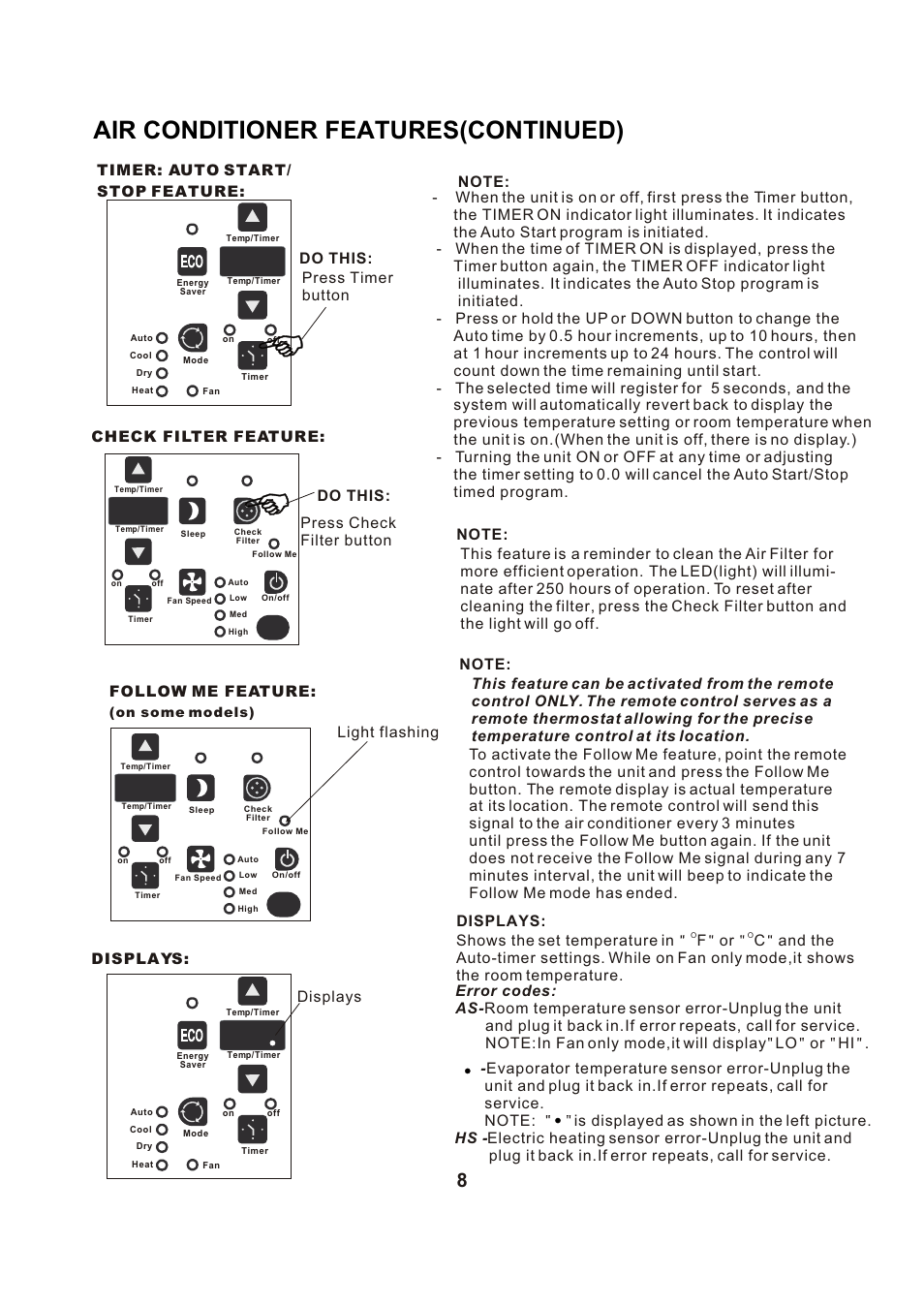 Т³гж 9, Air conditioner features(continued), Follow me feature | Displays: displays | Perfect Aire PACH8000 User Manual | Page 9 / 20