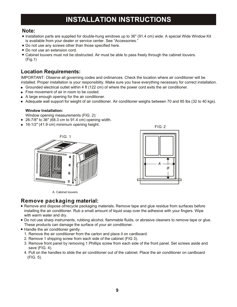 Installation instructions, Remove packaging material, Location requirements | Perfect Aire PAHP12002 User Manual | Page 10 / 18