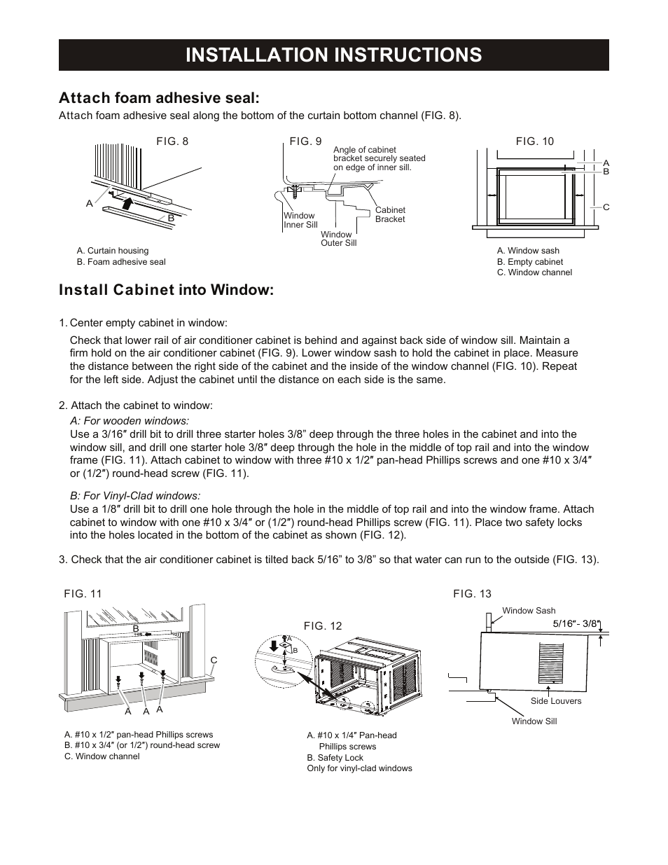 Installation instructions, Attach foam adhesive seal, Install cabinet into window | Perfect Aire PAHP12002 User Manual | Page 12 / 18