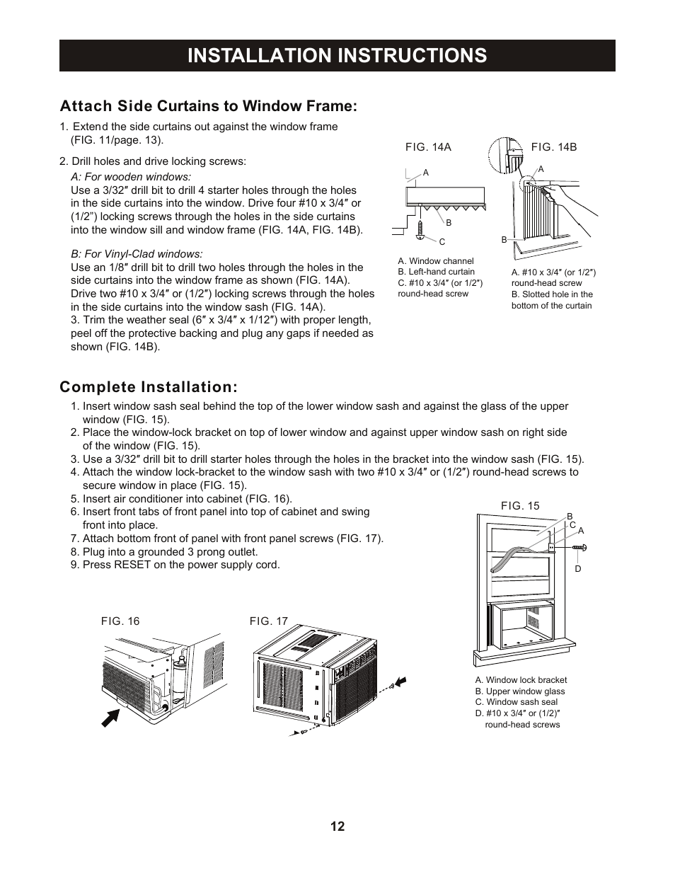 Installation instructions, Attach side curtains to window frame, Complete installation | Perfect Aire PAHP12002 User Manual | Page 13 / 18